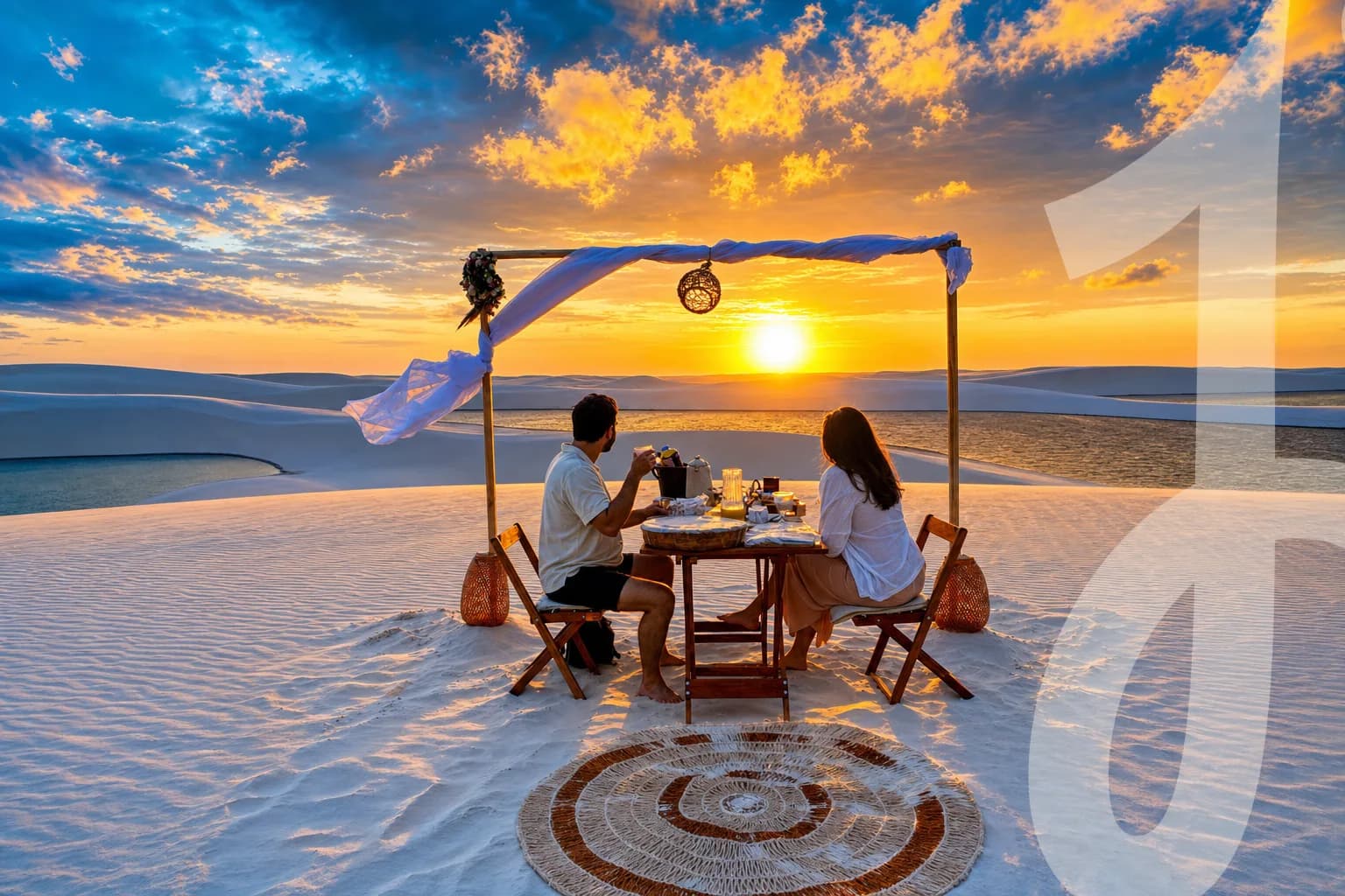 Café da Tarde nas Dunas em Barreirinhas ao pôr do sol, com mesa decorada entre lagoas dos Lençóis Maranhenses