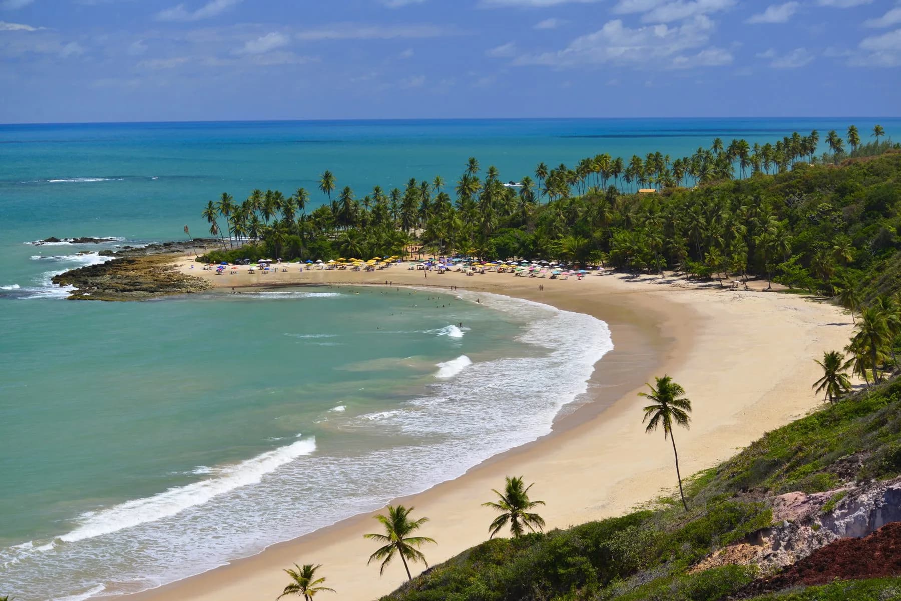 Praia de Tambaba com faixa de areia, coqueiros e mar azul no passeio de buggy