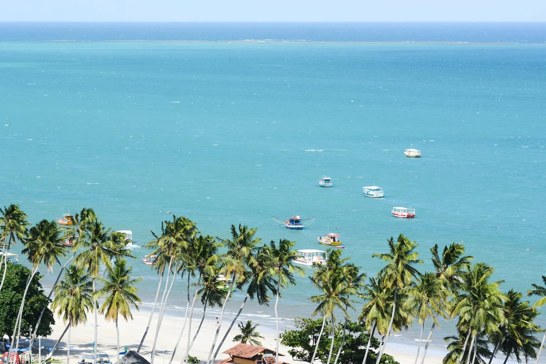 Passeio ao Litoral Norte de Maceió com barcos coloridos sobre o mar e coqueiros na praia