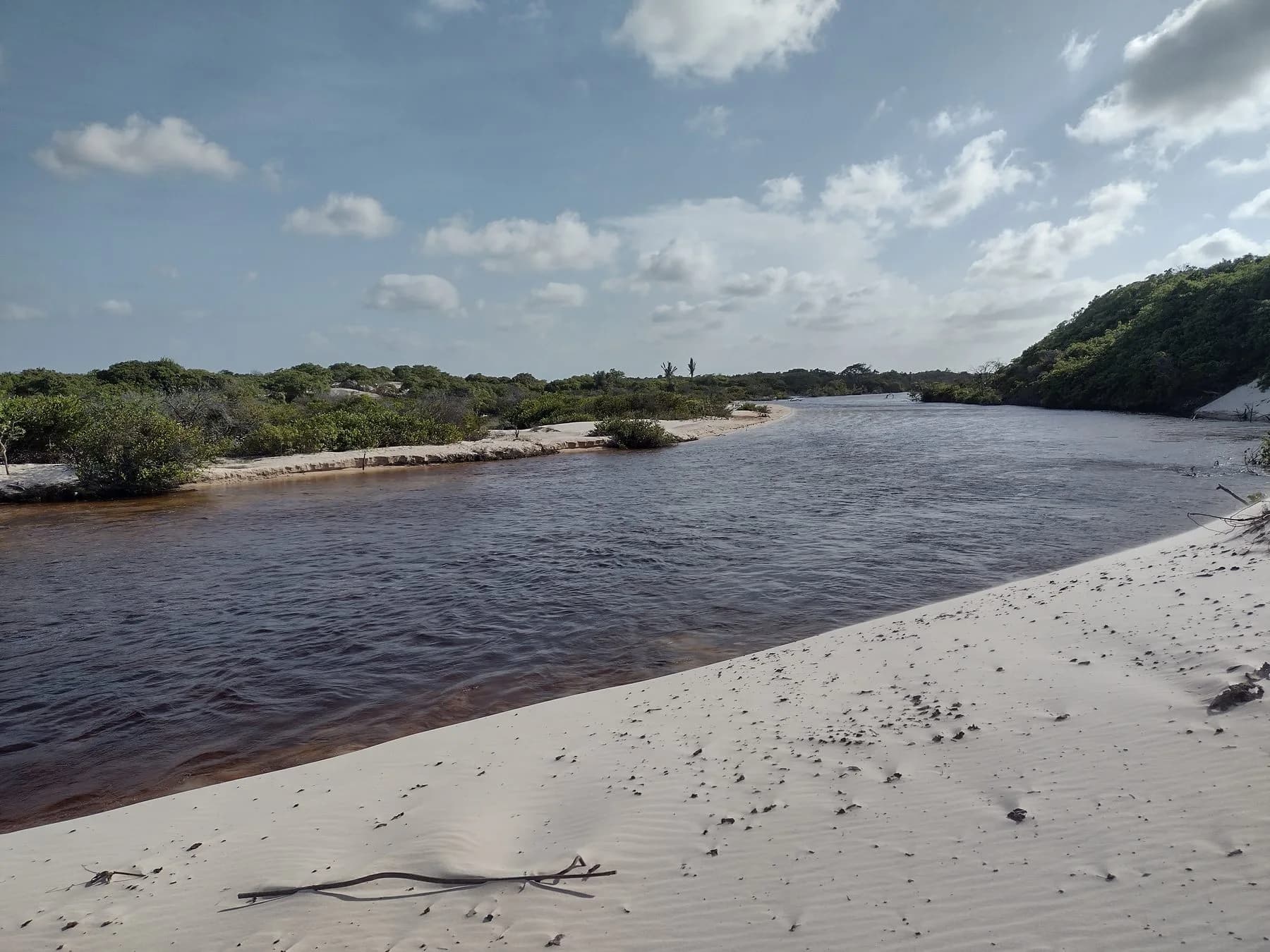 Rio entre dunas e vegetação no Circuito Betânia, em Santo Amaro